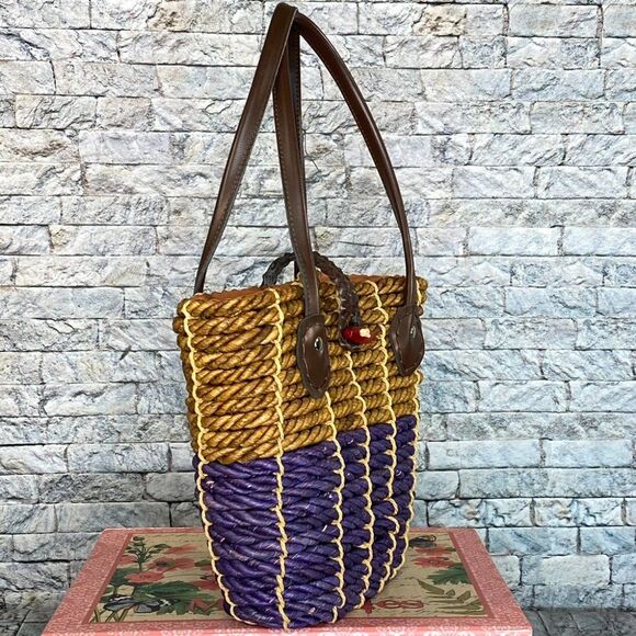 Vintage Straw Tote Bag Dual Handle Fully Lined Inside Pocket Smaller Size - Picture 3 of 7